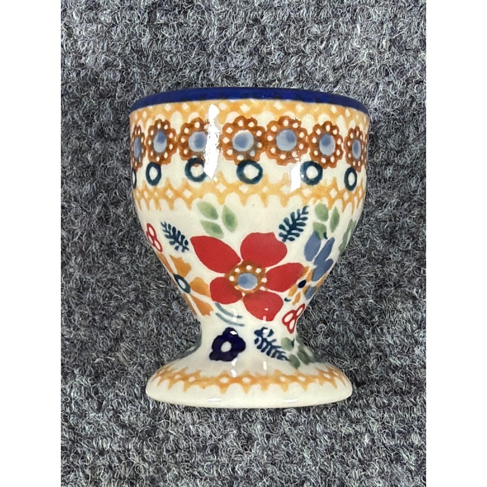 Manufaktura Polish Pottery Egg Cup Unikat Hand Made in Poland Signed Floral